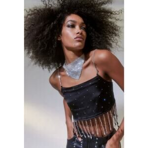 Urban Outfitters Satin Beaded Fringe Top Rhinestone Crystal Cropped Tank Top NWT